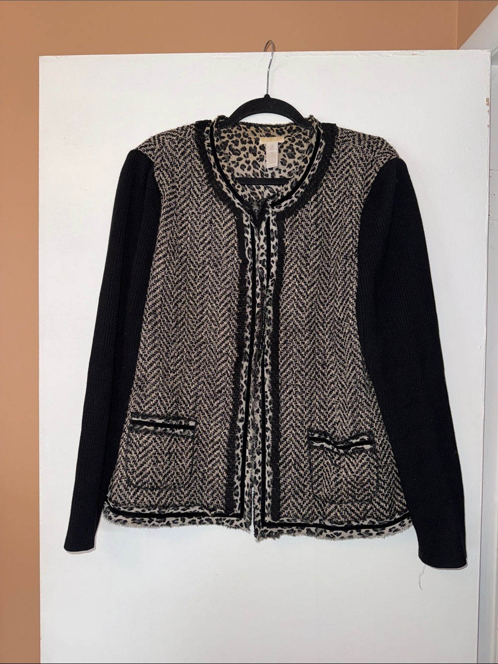 Chico’s Black and Cream Leopard-Print Trim Tweed Jacket